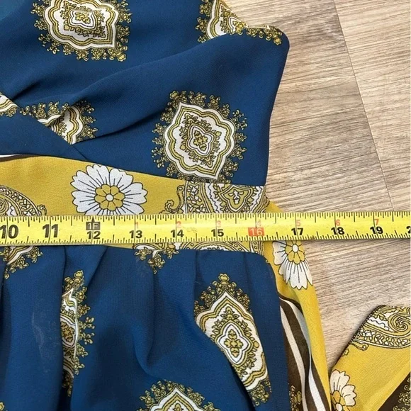 Jonathan Martin Blue and Gold Midi Sundress with V-Neck, Sleeveless Design & Tie - Picture 6 of 10